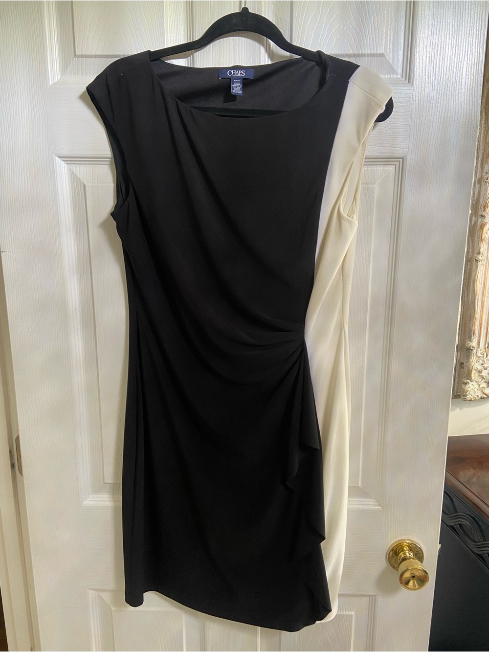 Chaps Black and Cream Cap Sleeve Draped Sheath Midi Dress
